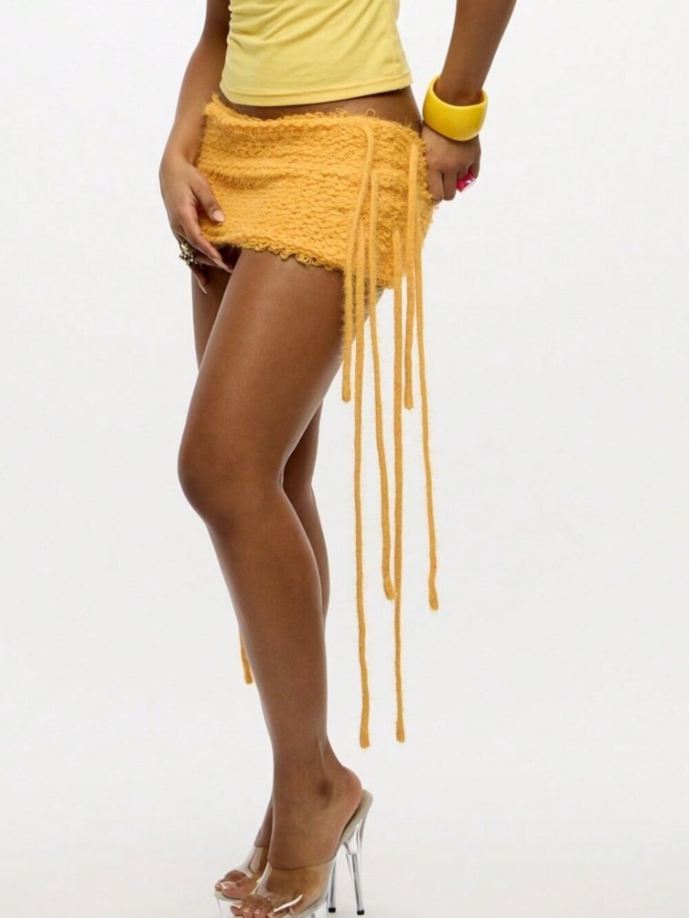 Yellow Boho Crochet Women's Mini Skirt with Fringe - Picture 4 of 7